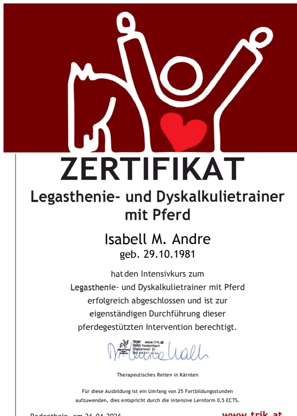 Zertifikat Legasthenie und Diskalkulie Trainerin
